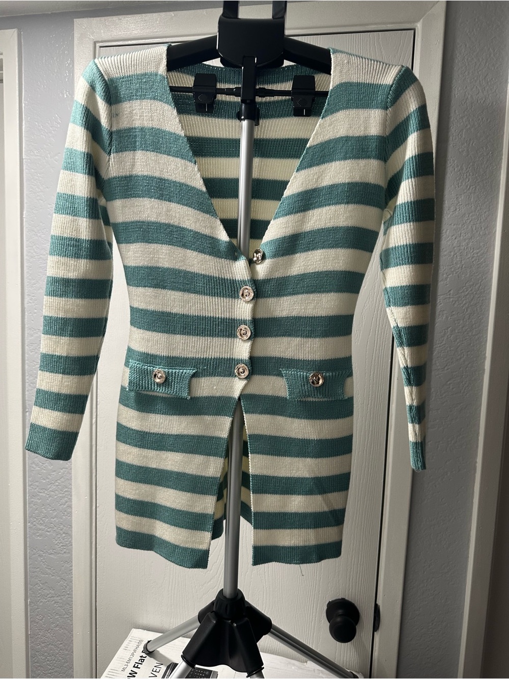 Striped Teal and Cream Button-Front Women's Sweater